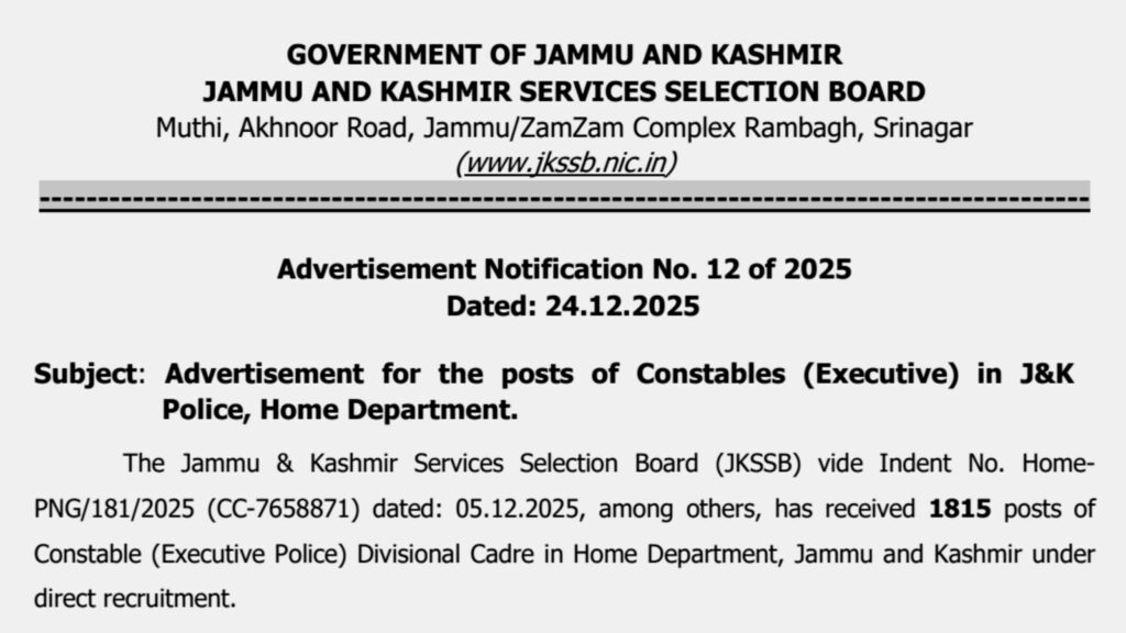 JKSSB Constable Recruitment 2026 Notification